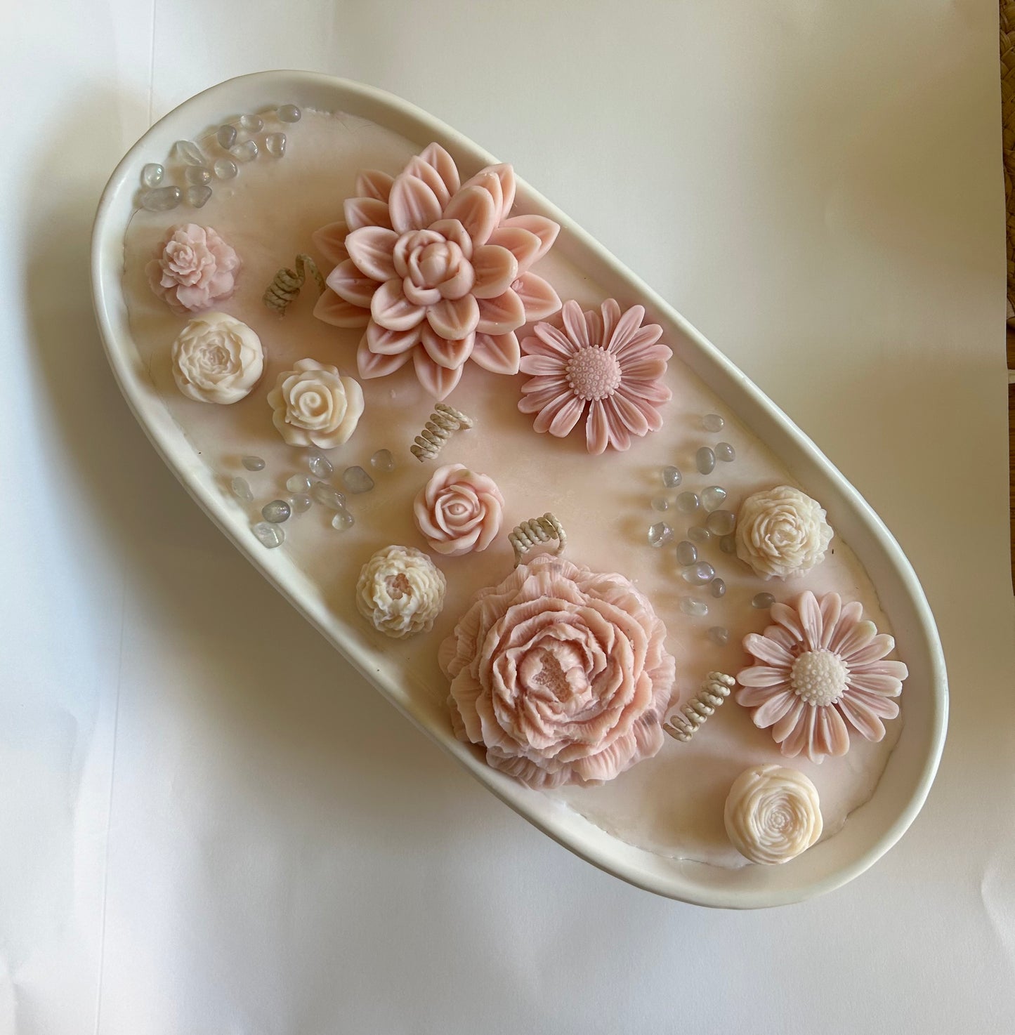 Large Oval Candle in white bowl with flowers